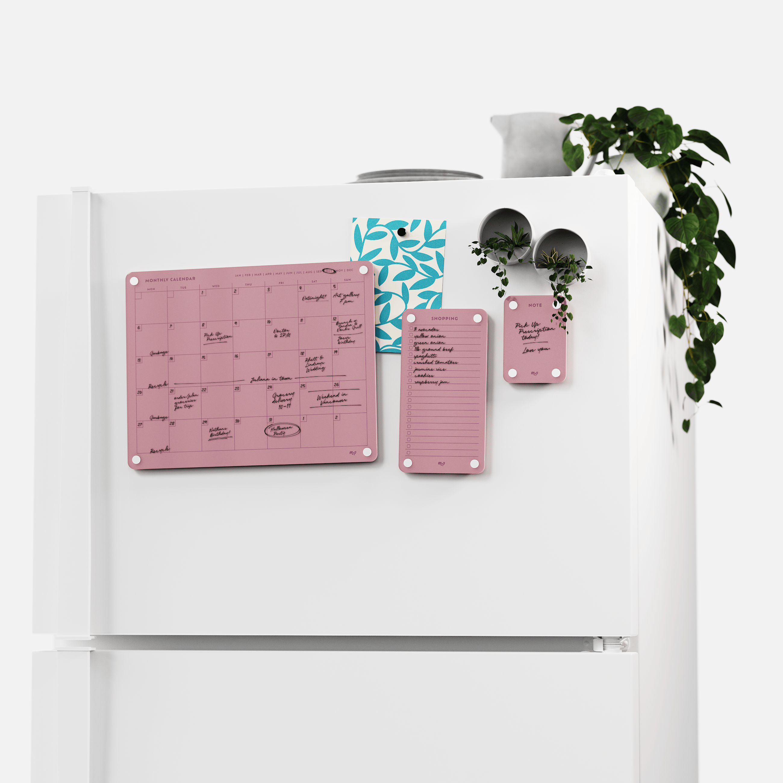 White fridge with the Plum monthly calendar, shopping list and note board set, plants on top